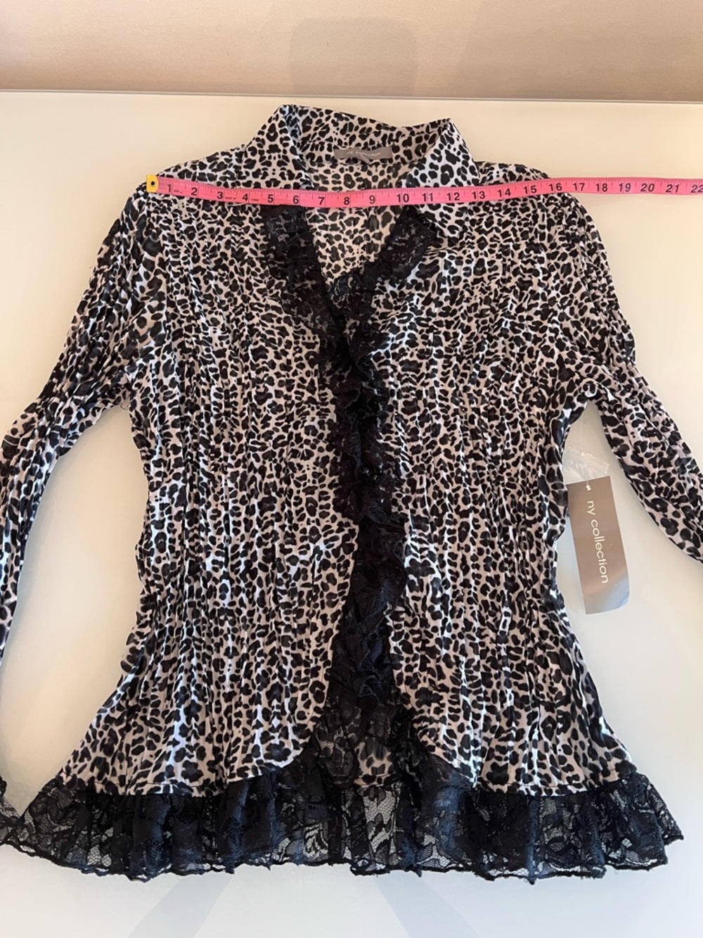 NY COLLECTION Leopard Lace Trim Blouse Top XL Pleated Y2K - Picture 4 of 11